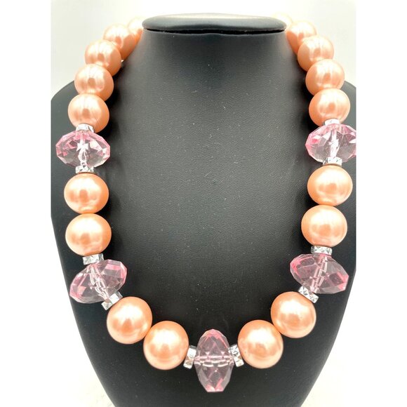 Chunky Beaded Necklace With Large Pink Pearls & Faceted Clear Beads - Picture 2 of 3